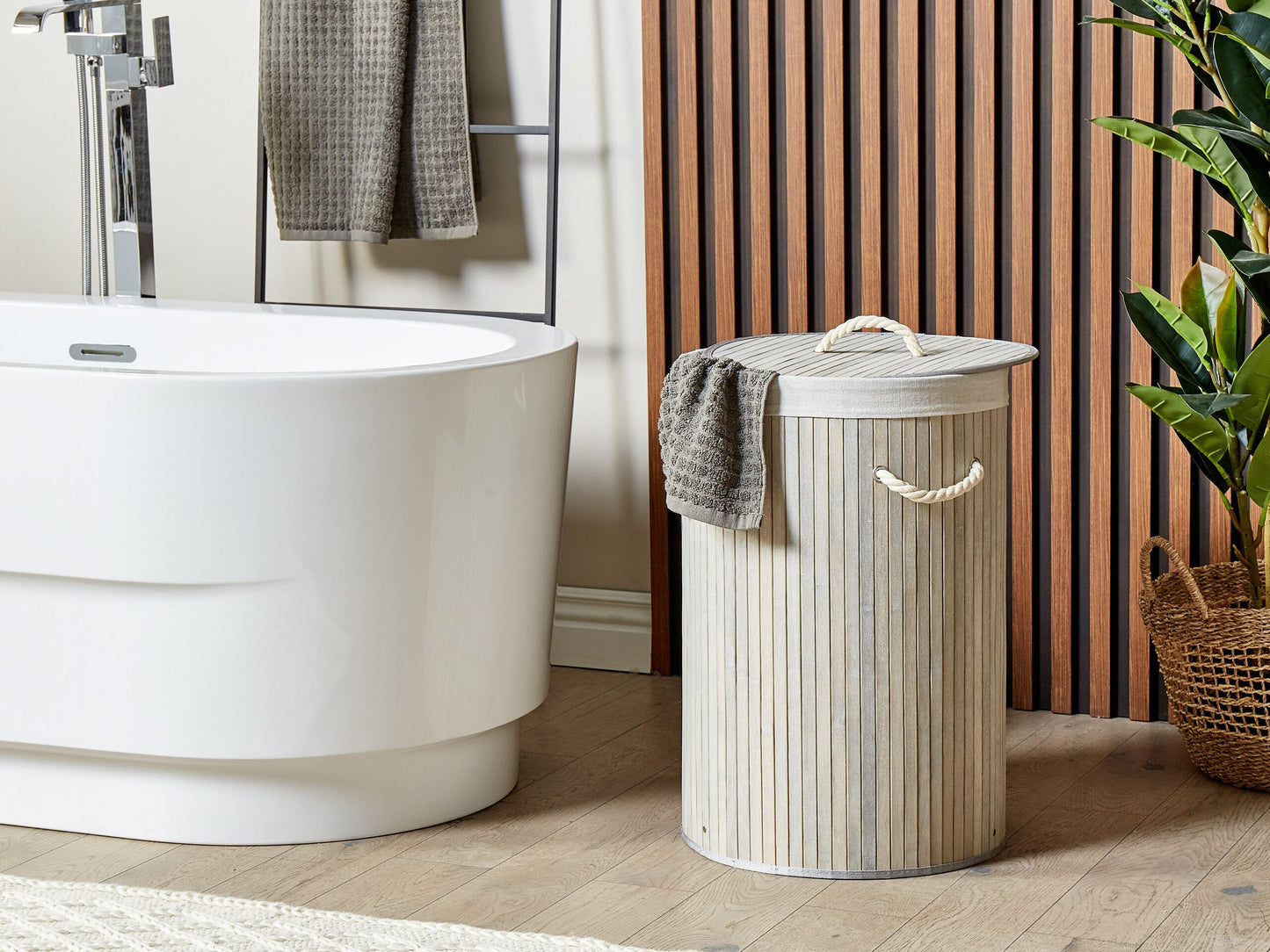 Korb mit Deckel Bambusholz hellgrau rund SANNAR