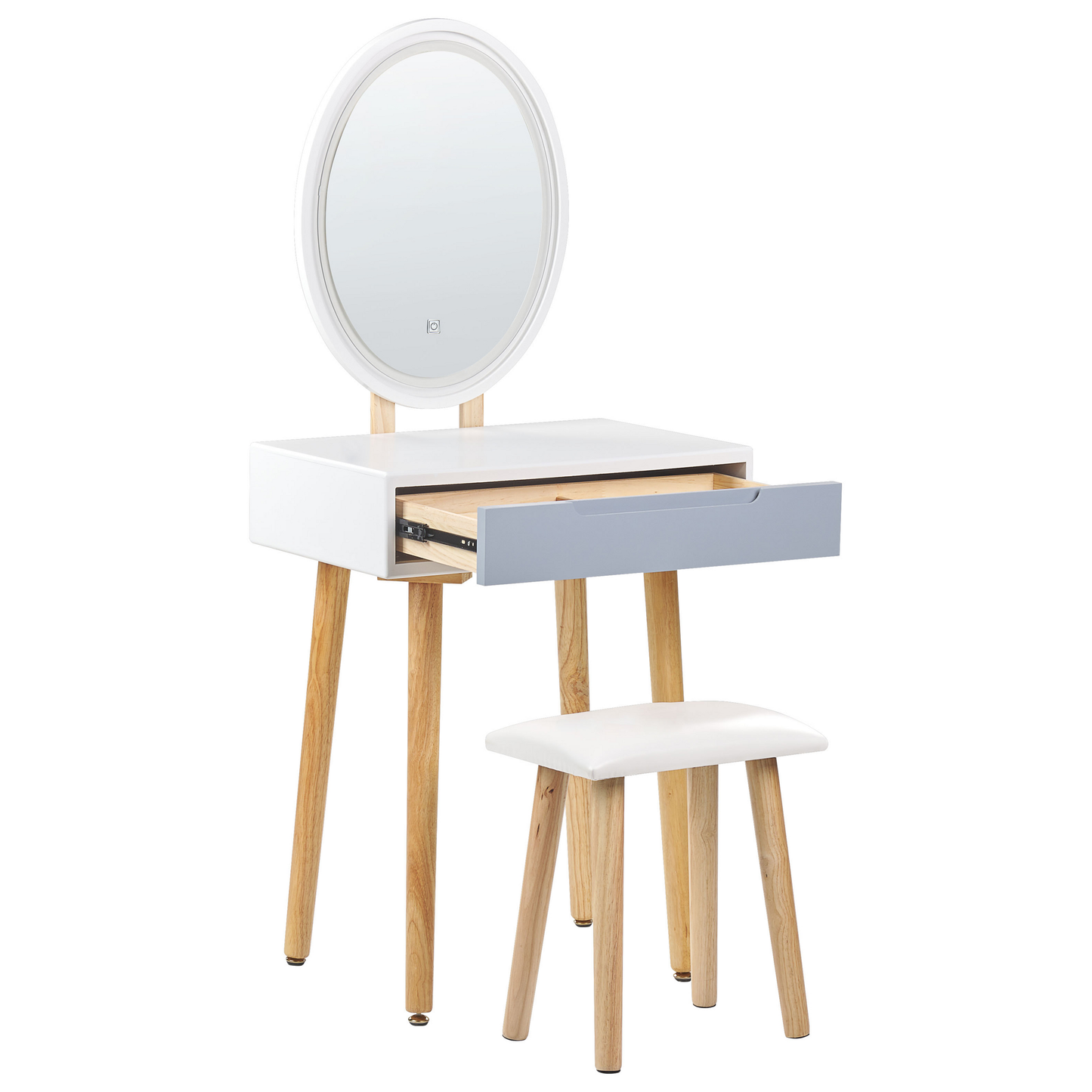 Schminktisch mit 1 Schublade, LED-Spiegel und Hocker weiss/grau VESOUL