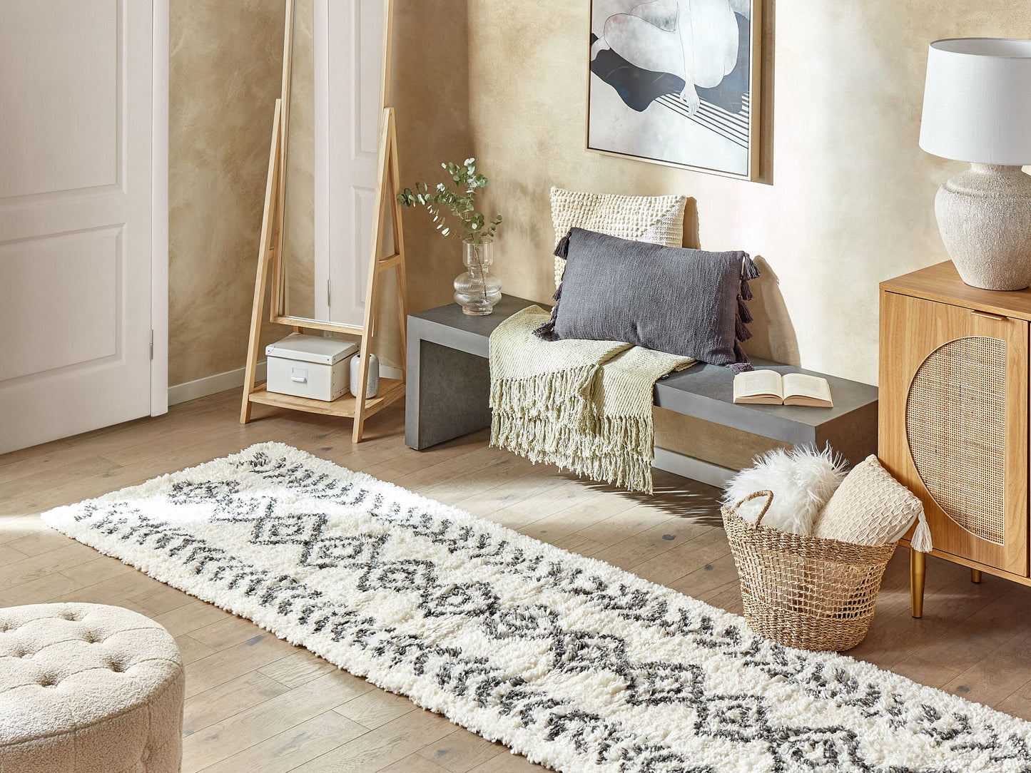 Teppich weiss / grau 80 x 300 cm geometrisches Muster Shaggy AYRUM