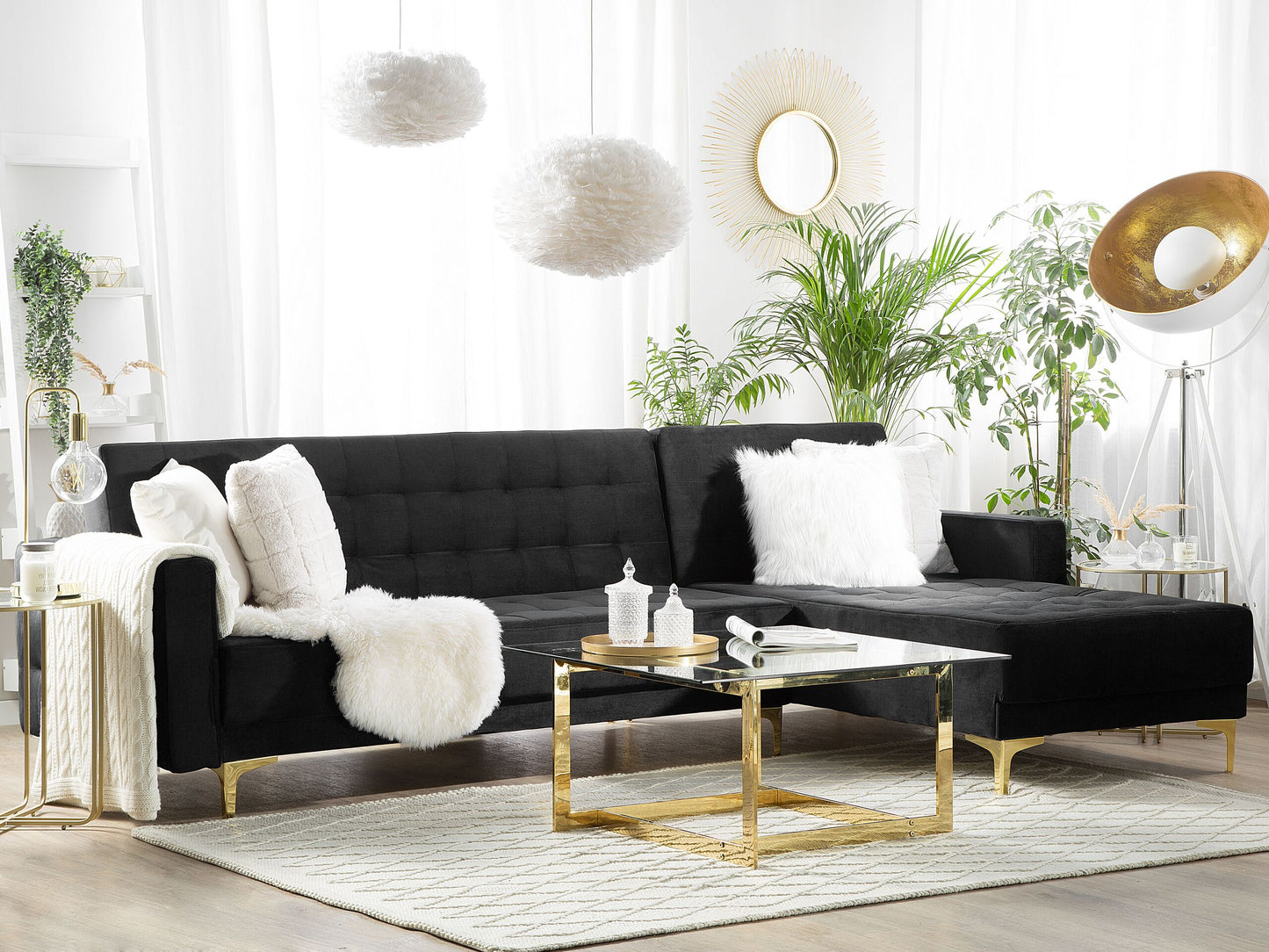 Ecksofa linksseitig Samtstoff schwarz Schlaffunktion ABERDEEN