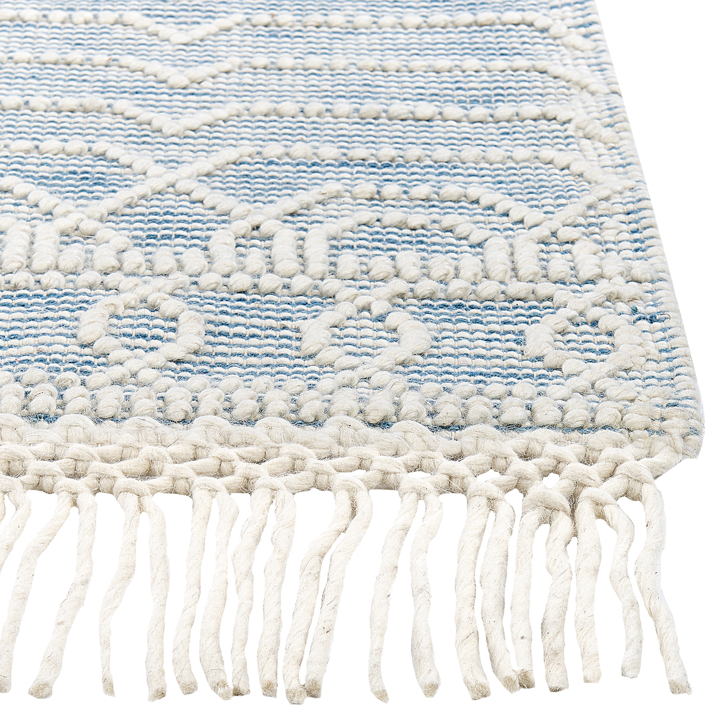 Teppich Wolle blau / weiss 160 x 230 cm Fransen Kurzflor ORHANELI