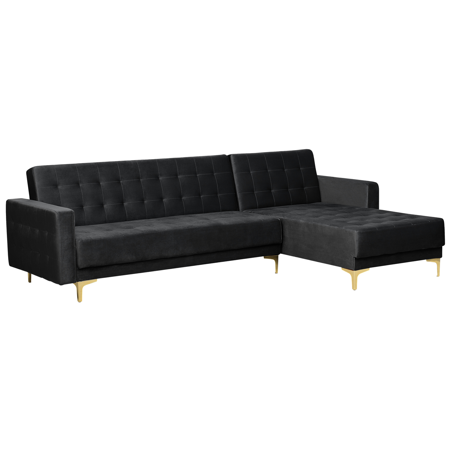 Schlafsofa Samtstoff schwarz linksseitig mit Ottomane ABERDEEN