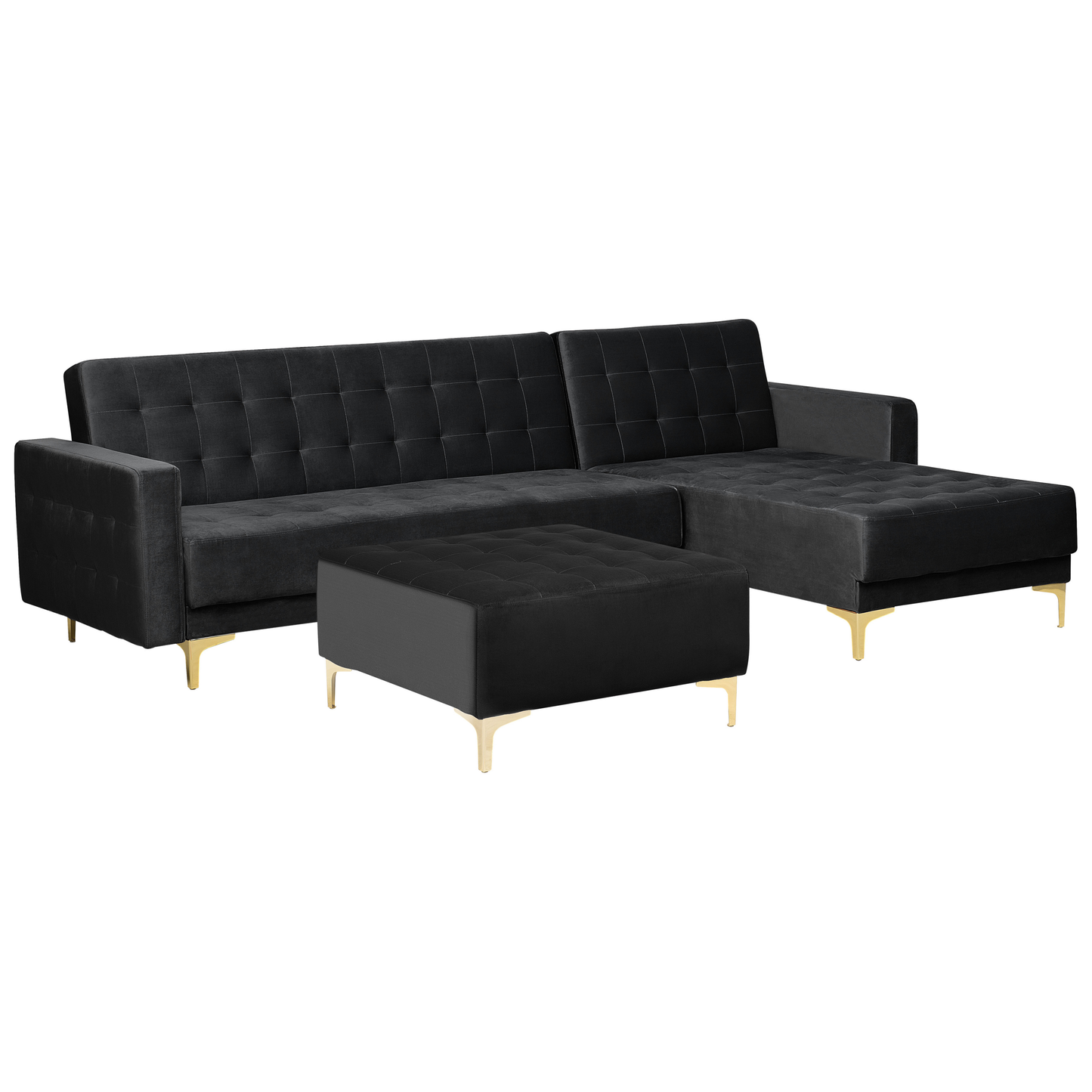 Schlafsofa Samtstoff schwarz linksseitig mit Ottomane ABERDEEN