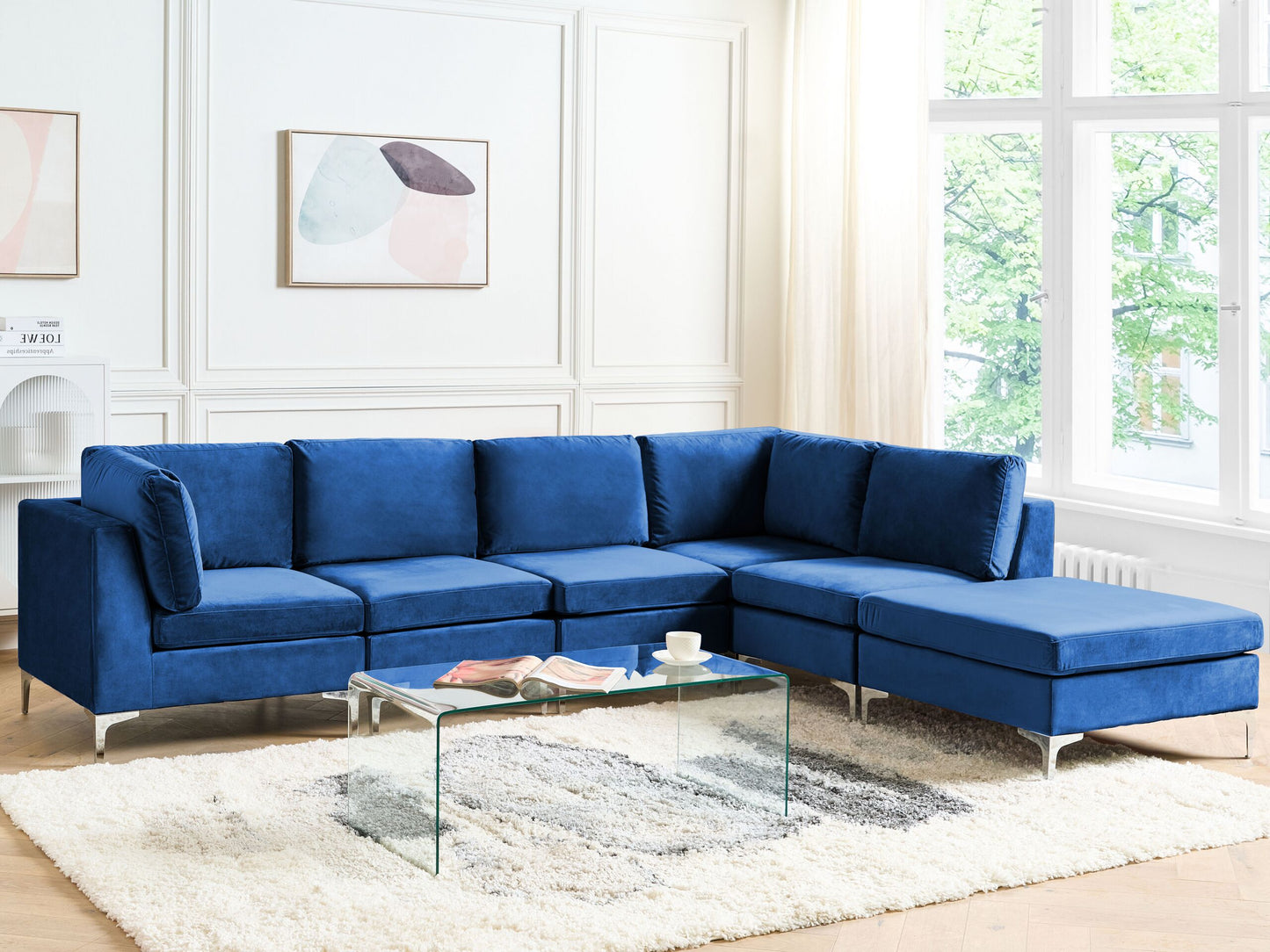 5-Sitzer Ecksofa Samtstoff marineblau linksseitig mit Ottomane EVJA