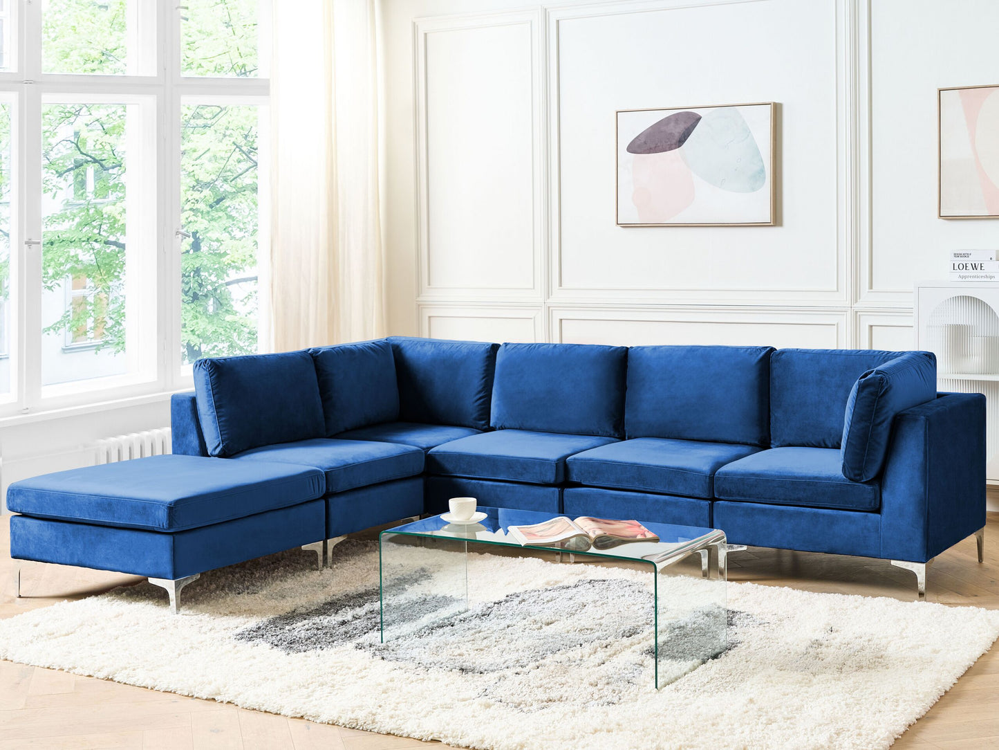 5-Sitzer Ecksofa Samtstoff marineblau rechtsseitig mit Ottomane EVJA
