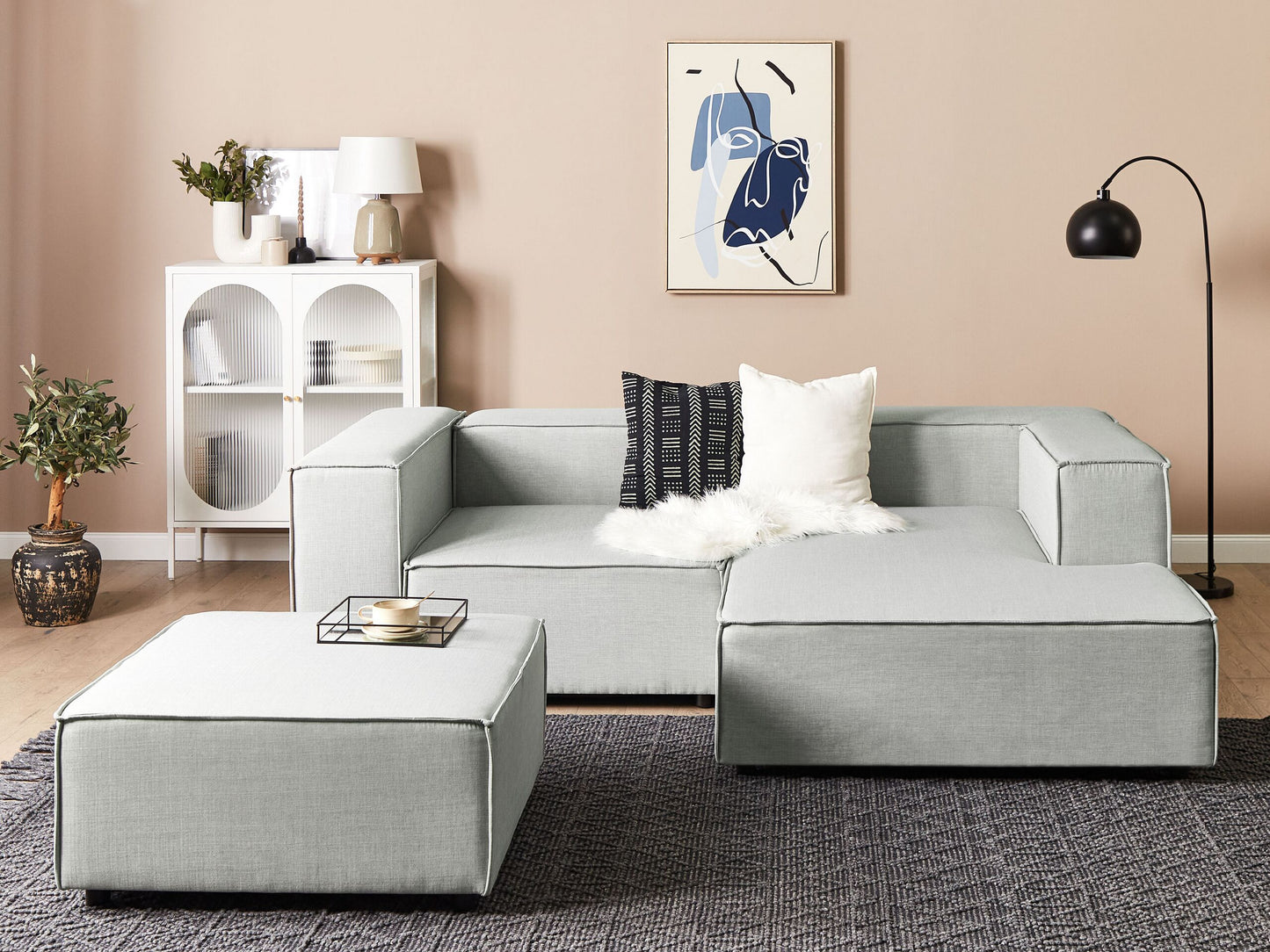 2-Sitzer Ecksofa Leinen hellgrau linksseitig mit Ottomane APRICA