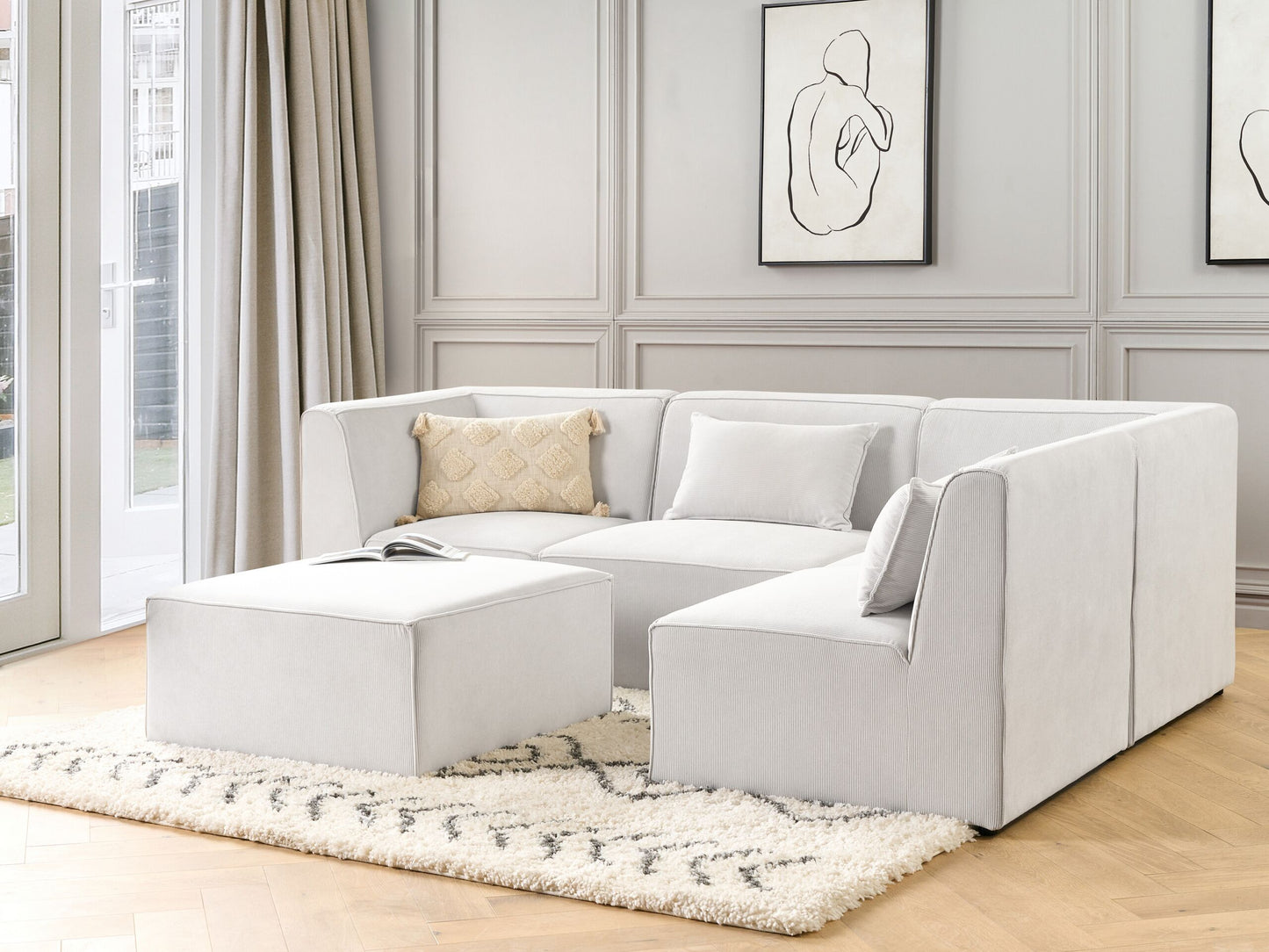 4-Sitzer Ecksofa Cord cremeweiss linksseitig mit Ottomane LEMVIG