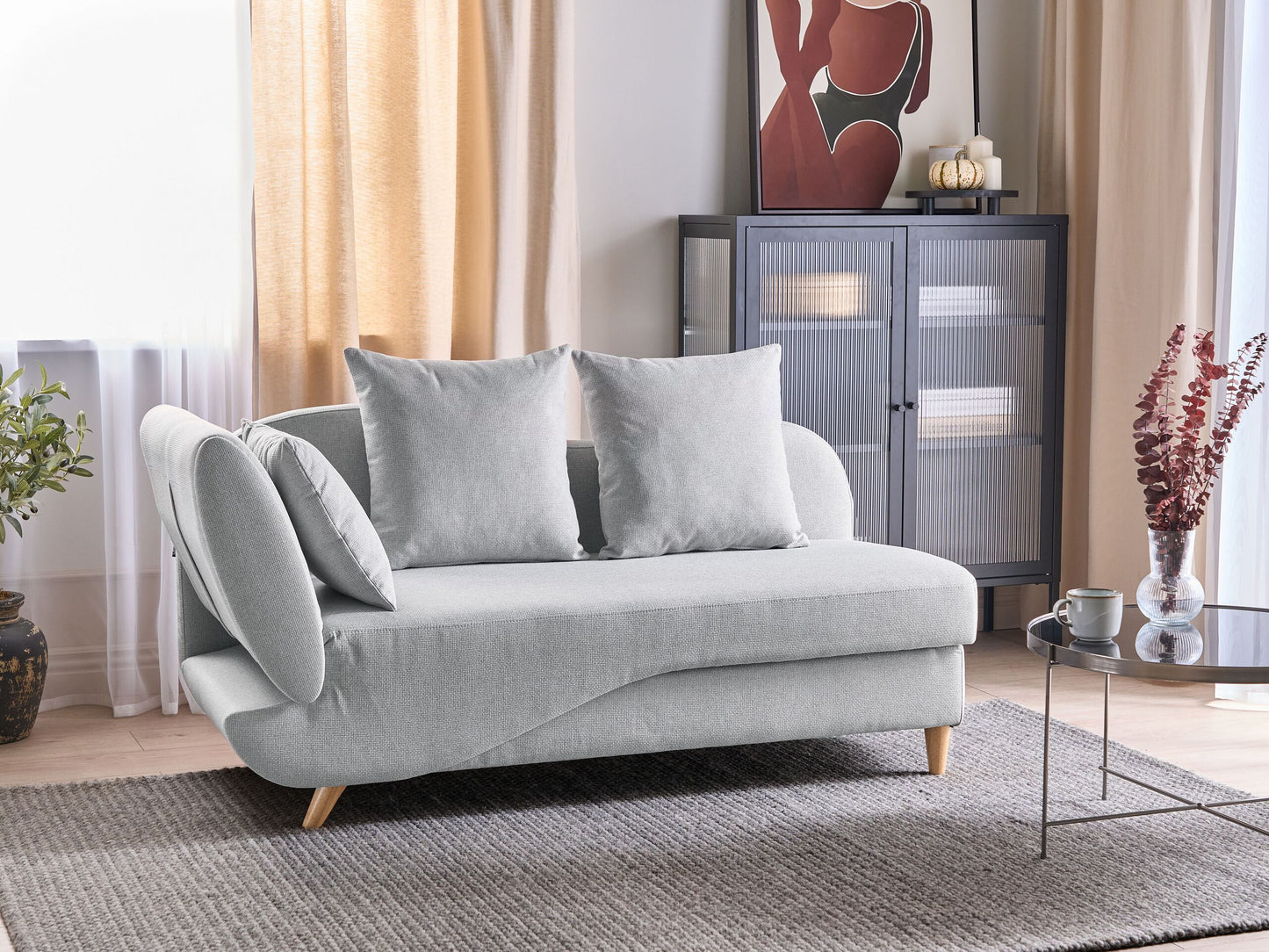 Chaiselongue Leinenoptik hellgrau mit Bettkasten linksseitig MERI II