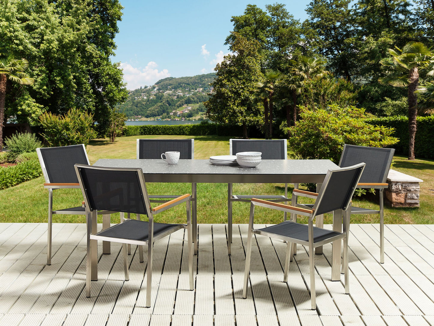 Gartenmöbel Set 6-Sitzer COSOLETO/GROSSETO Sicherheitsglas Granit Optik Schwarz
