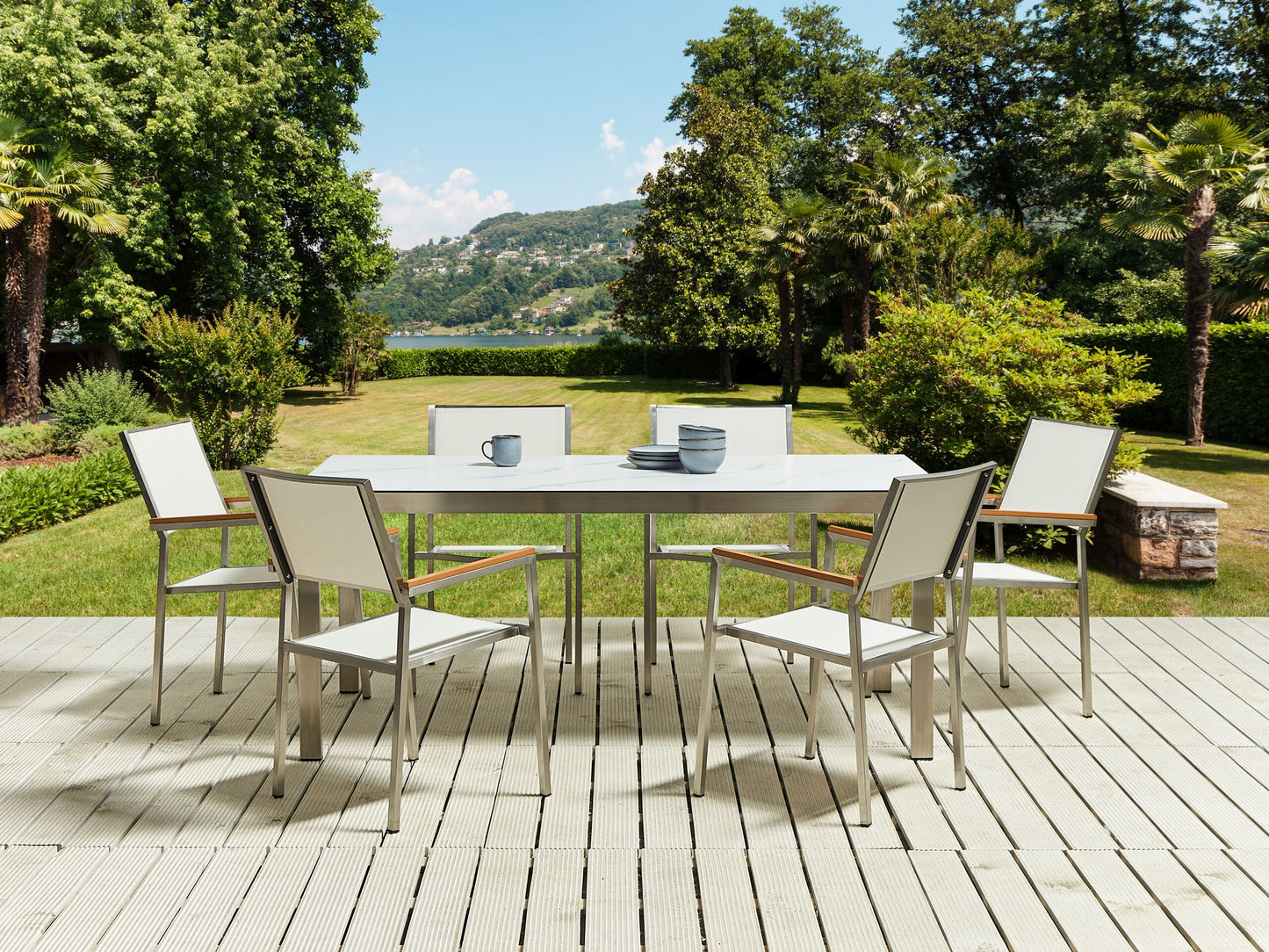 Gartentisch COSOLETO 180 cm 90 cm Marmor Optik Glas Weiss