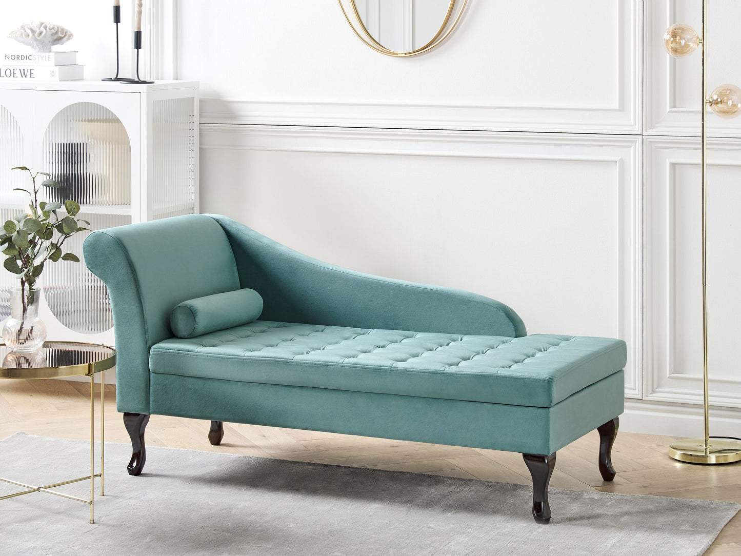 Chaiselongue Samtstoff blaugrün mit Bettkasten linksseitig PESSAC