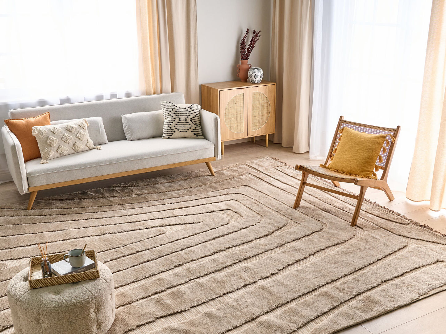 Teppich beige 300 x 400 cm mit Fransen Kurzflor SAZOO