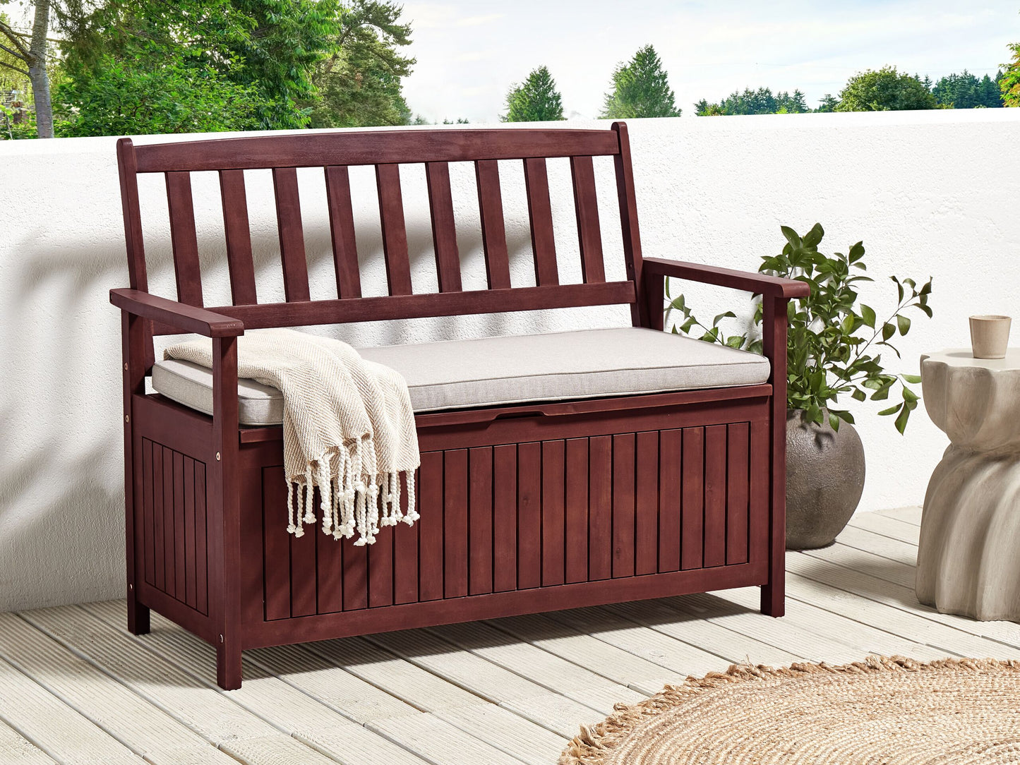 Gartenbank mit Auflage SOVANA 120 cm mit Stauraum Akazienholz Hellgrau