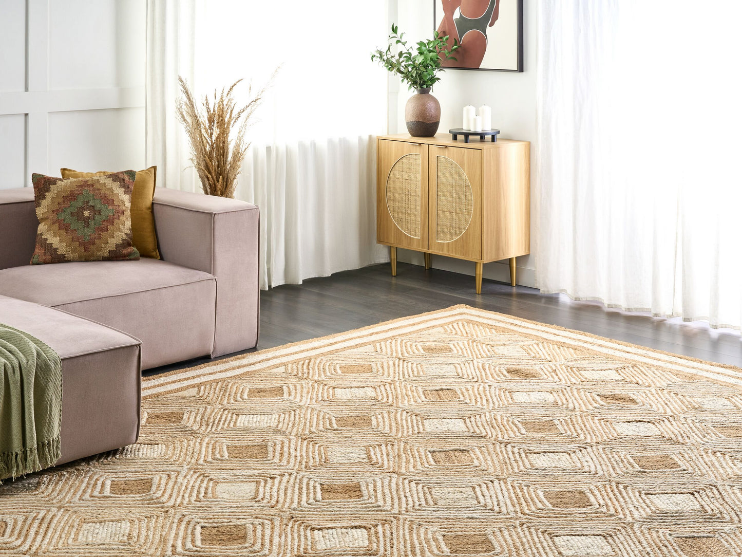 Teppich Jute beige 300 x 400 cm geometrisches Muster Kurzflor MENGEN