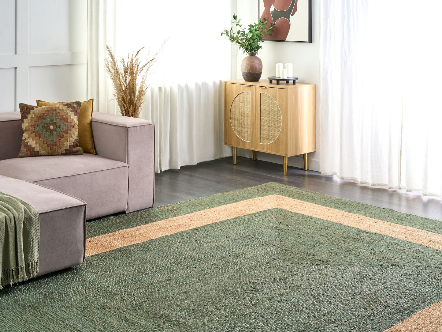 Teppich Jute grün / beige 300 x 400 cm geometrisches Muster Kurzflor KARAKUYU