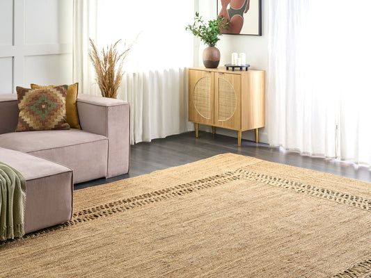 Teppich Jute beige 300 x 400 cm geometrisches Muster Kurzflor YENIKOY