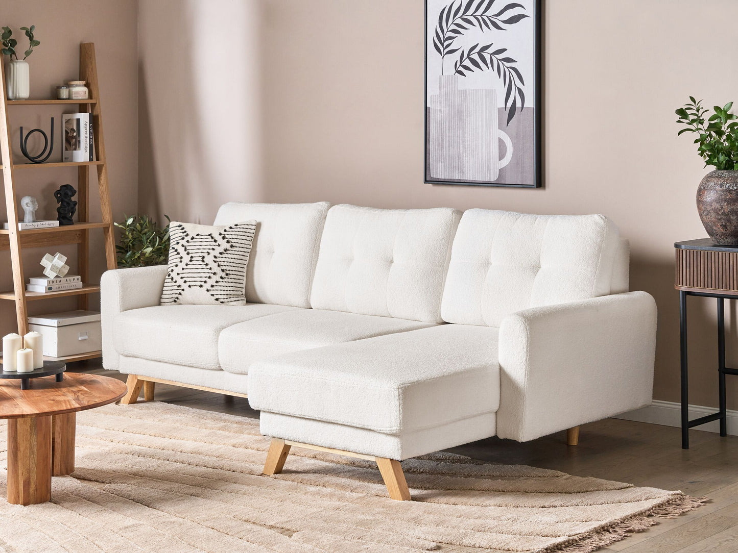 3-Sitzer Ecksofa Bouclé cremeweiss linksseitig mit Schlaffunktion Stauraum SIRO