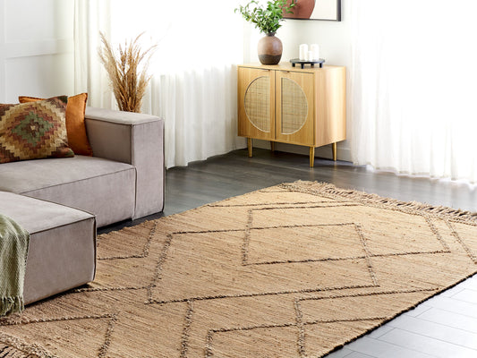 Teppich Jute beige 200 x 300 cm geometrisches Muster Kurzflor HANDERE