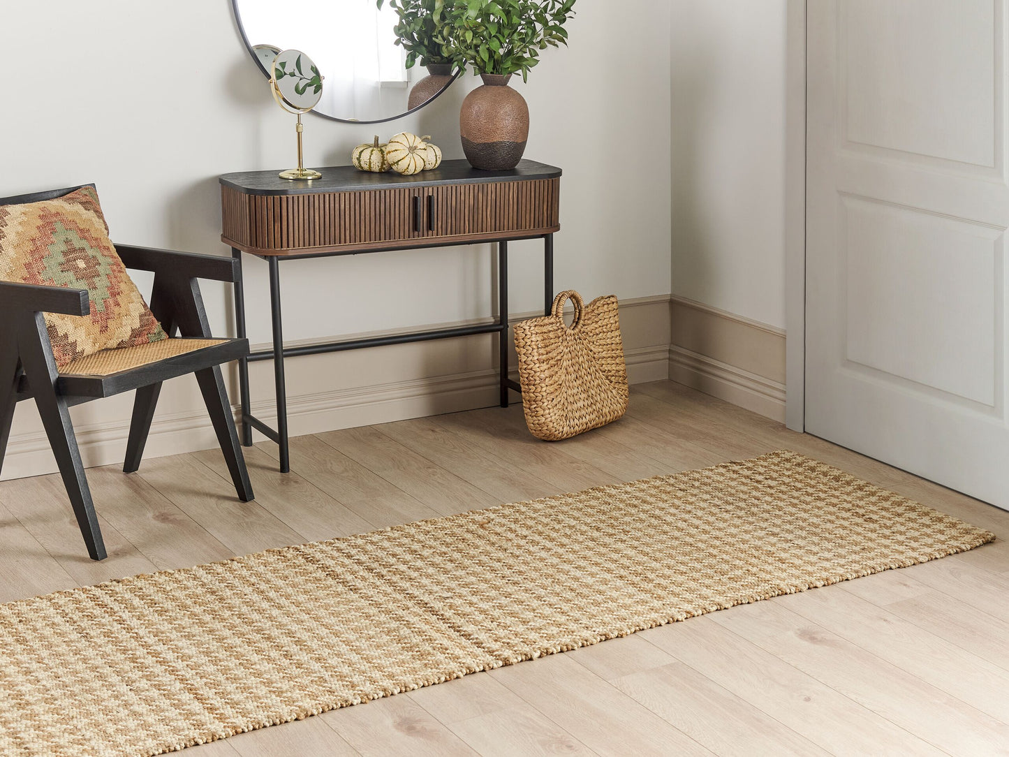 Teppich Jute beige 80 x 300 cm kariertes Muster Kurzflor ARAPTEPE
