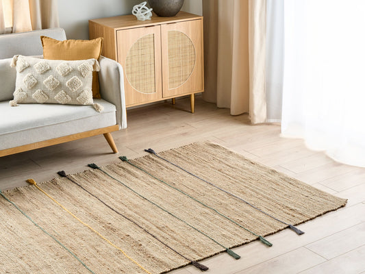 Teppich Jute beige / mehrfarbig 140 x 200 cm mit Quasten Kurzflor RAUTA