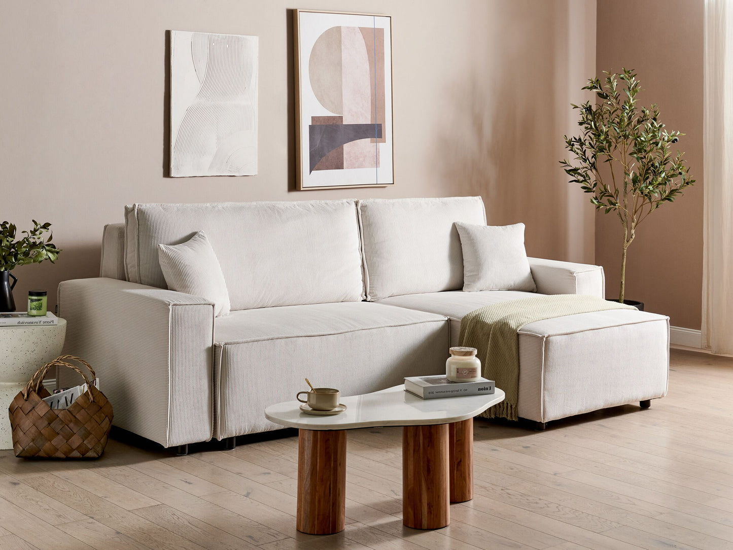 2-Sitzer Ecksofa Cord cremeweiss linksseitig mit Schlaffunktion ABACKA