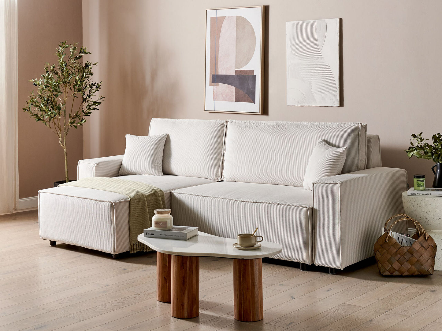 2-Sitzer Ecksofa Cord cremeweiss rechtsseitig mit Schlaffunktion ABACKA
