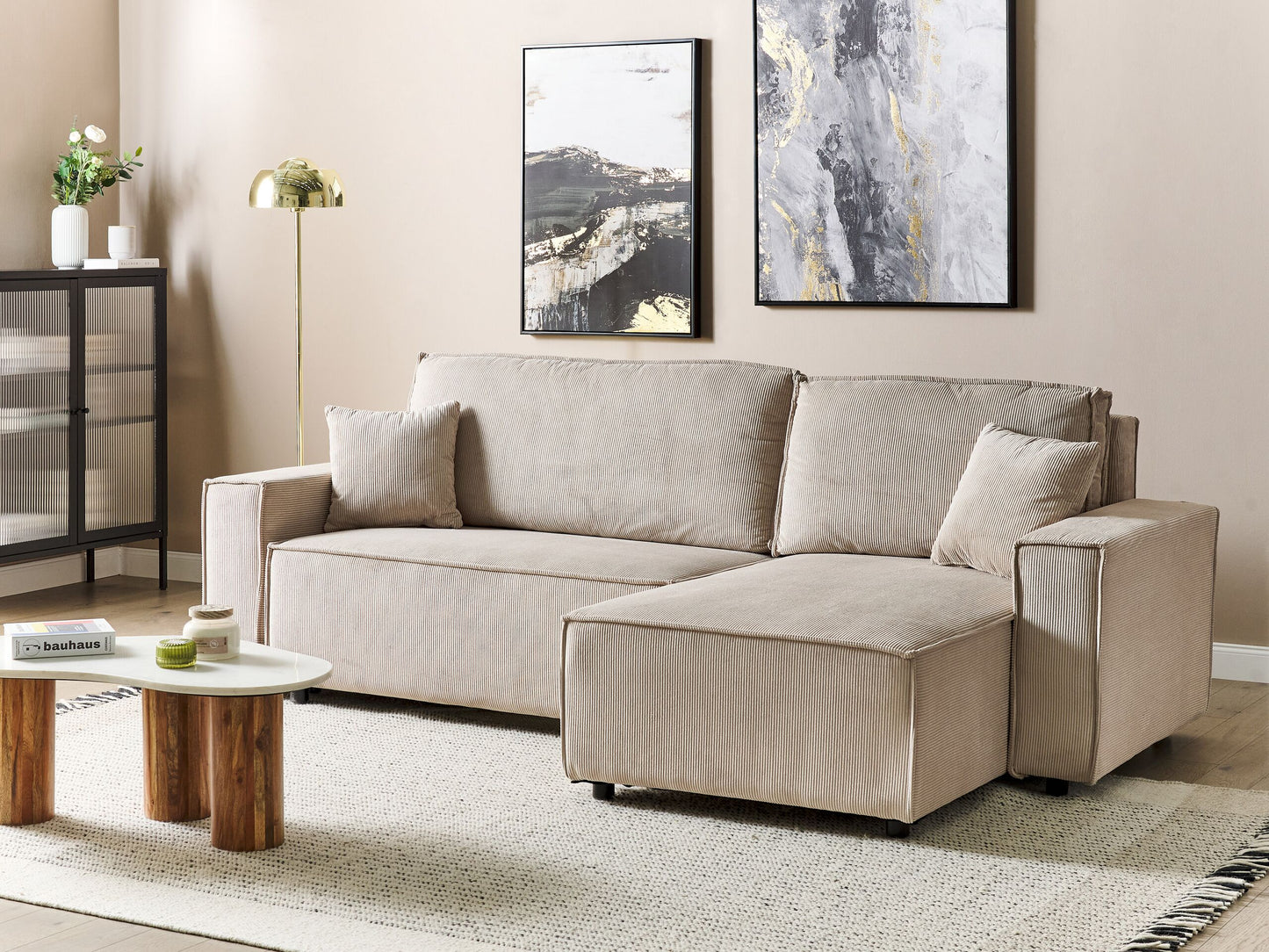 2-Sitzer Ecksofa Cord beige linksseitig mit Schlaffunktion ABACKA