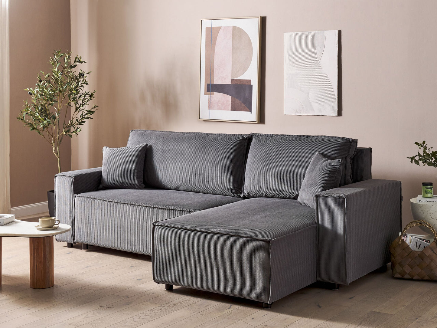 2-Sitzer Ecksofa Cord graphitgrau linksseitig mit Schlaffunktion ABACKA