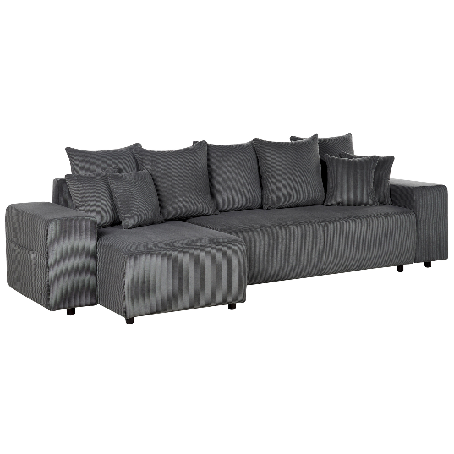 3-Sitzer Ecksofa Cord dunkelgrau rechtsseitig mit Schlaffunktion Stauraum LUSPA