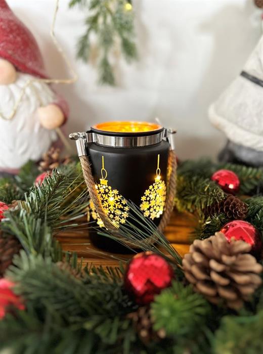 Windlicht aus Glas 
Motiv: Schneekugel 
Schwarz/gold 
H14.5cm