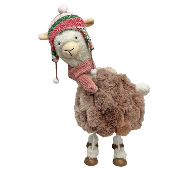 Deko Alpaca stehend wippend in Weiss mit Mütze rosa