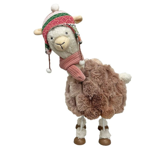 Deko Alpaca stehend wippend in Weiss mit Mütze rosa