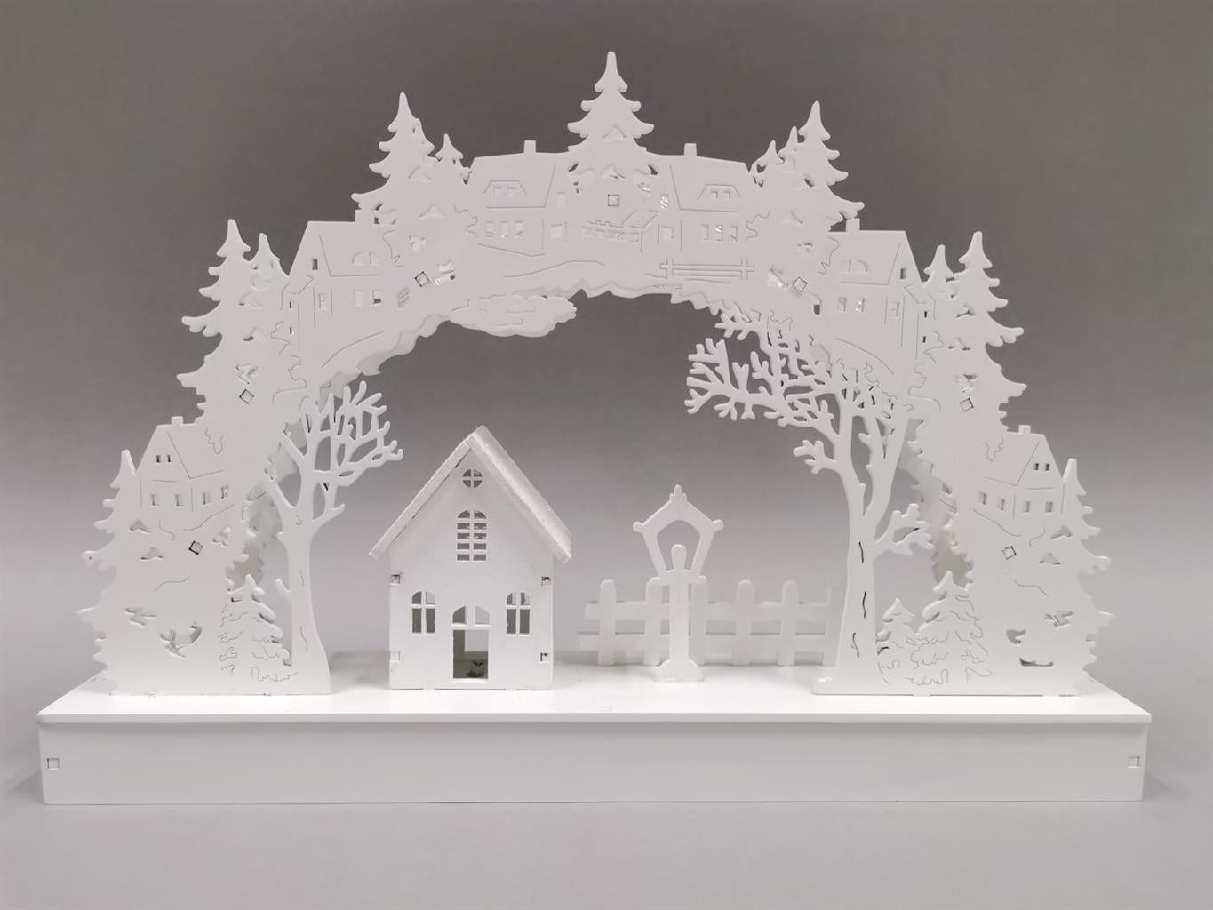 LED Diorama aus Holz mit 10 LED Dorf und Bogen warm weisses Licht