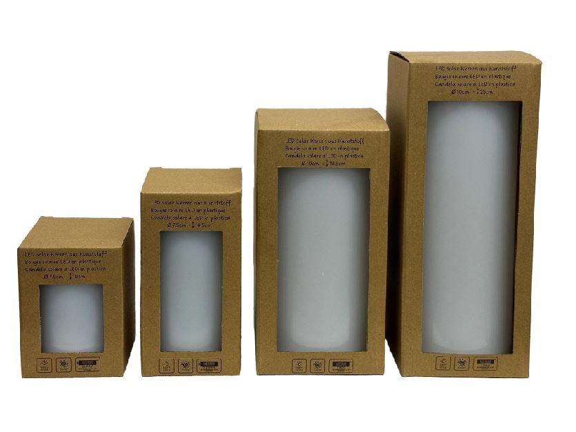 LED Solar Kerze Kunststoff 
Outdoor wasserdicht IP44 
D:7.5cm - H:14.5cm 
Farbe weiss