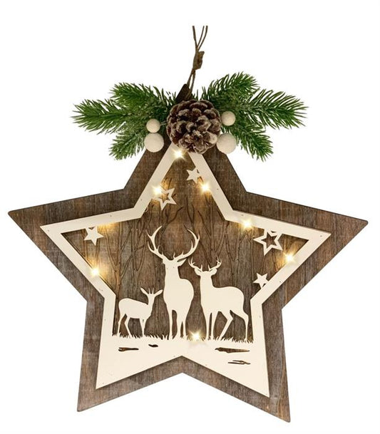 LED Deko Hänger Stern aus Holz 
Design: Hirsch 
Farbe: Braun 
L6cm x B34cm x H33cm