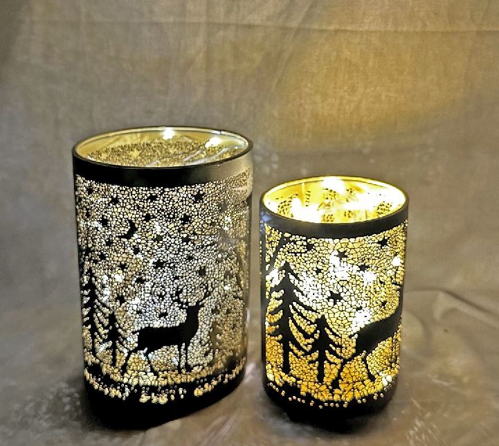 Windlicht schwarz aus Metall Motiv: Hirsch im Wald