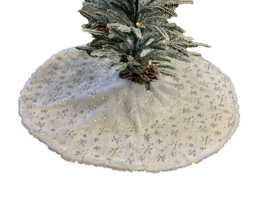 Jupe de sapin de Noël D:70cm
 Peluche blanc/argent
 avec un motif de flocon de neige