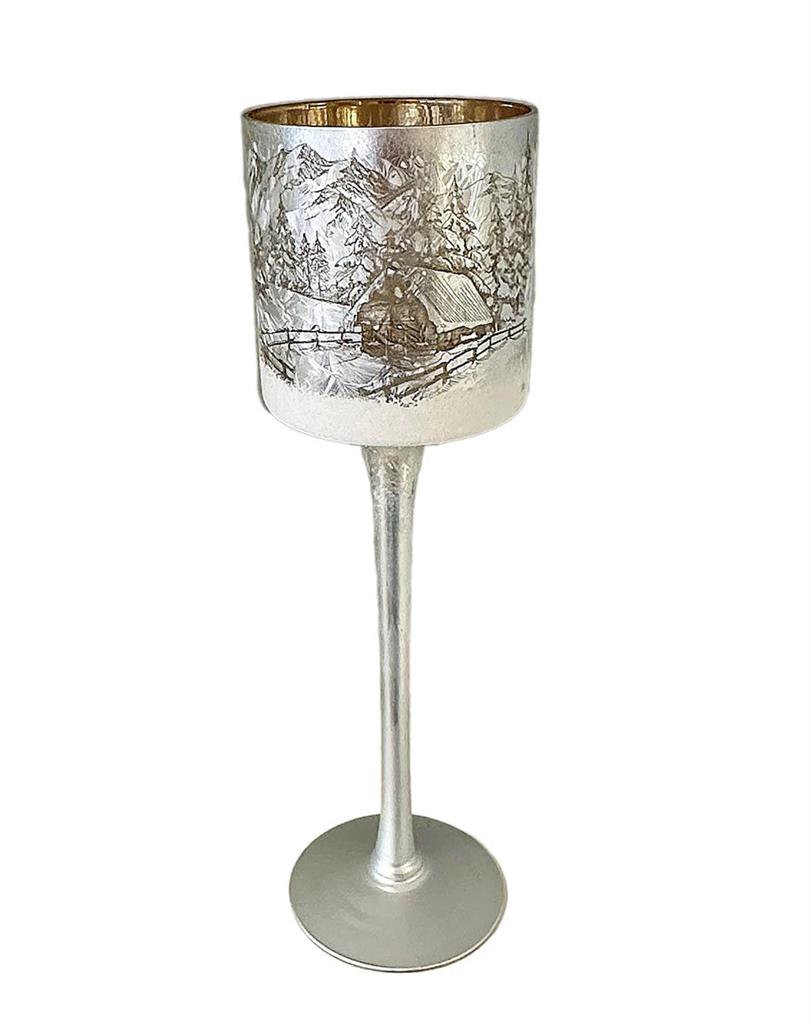 Windlicht Kelch aus Glas Bergdorfmotiv silber H30