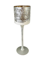 Windlicht Kelch aus Glas Bergdorfmotiv silber H30