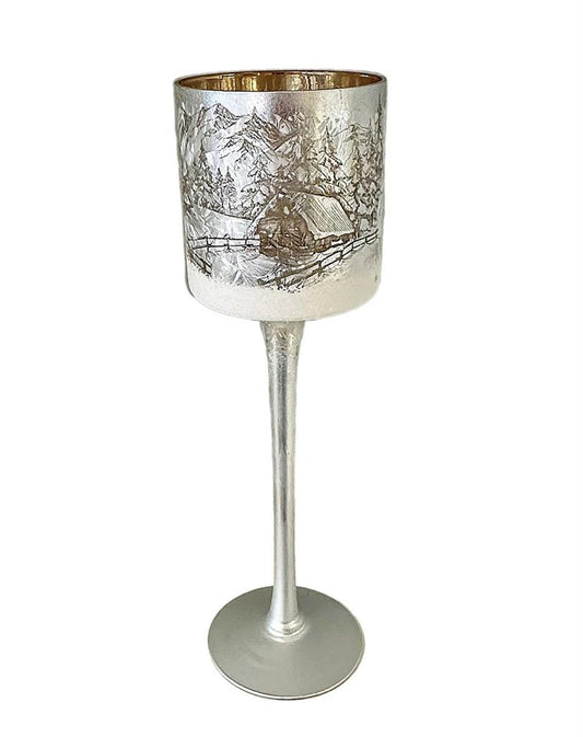 Windlicht Kelch aus Glas Bergdorfmotiv silber H30
