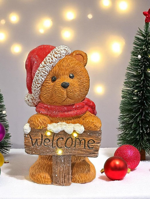 LED Deko Bär mit Schild Welcome und roter Mütze