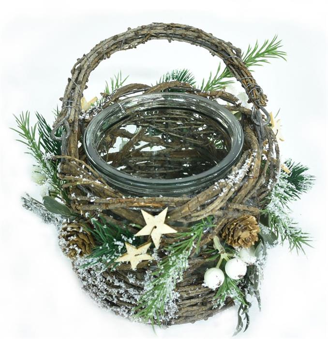 Windlicht Xmas aus Reisig 
mit Glaseinsatz 
D18cm x H21cm
mit Henkel