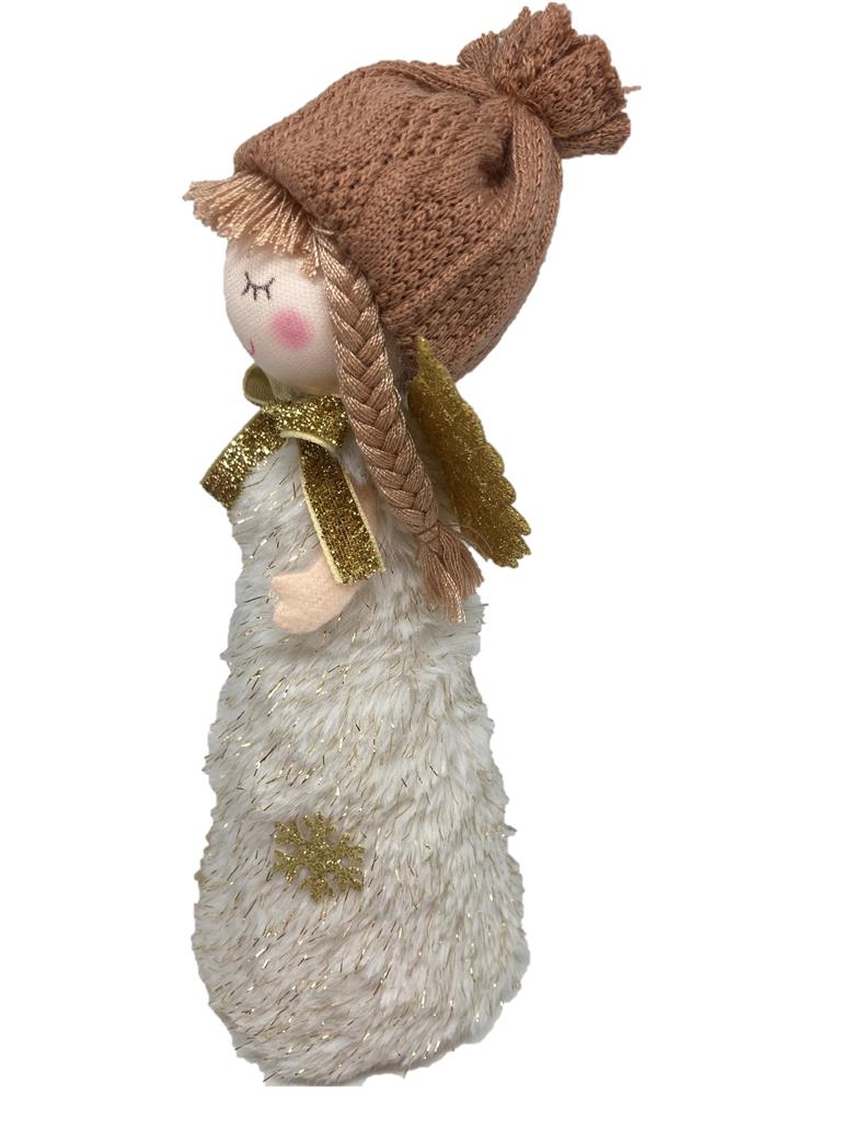 Deko Engel stehend weiss 
Grösse: 8x7x21cm
mit brauner Strickmütze