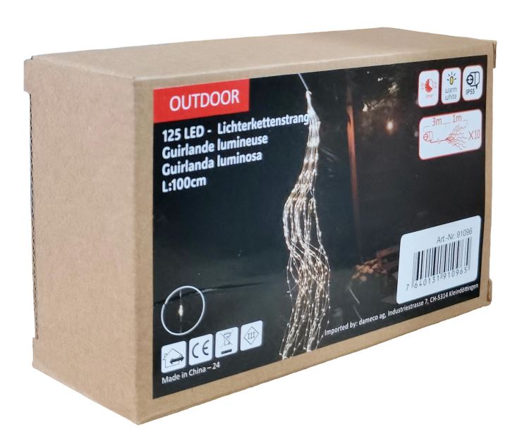 LED Outdoor Lichterkettenstrang 
125 LED, L: 100cm, silber Draht
Warm weiss Licht