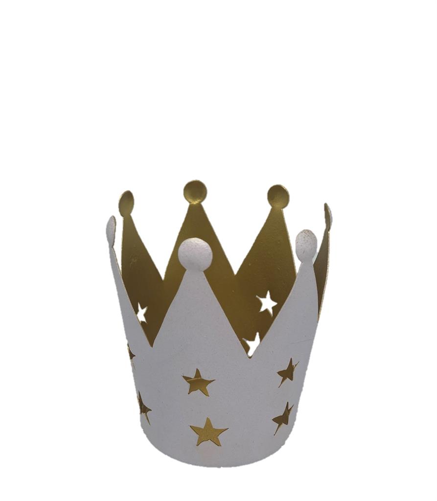 Kerzenhalter Krone aus Metall 
Farbe: aussen weiss - innen gold 
H9cm D8cm