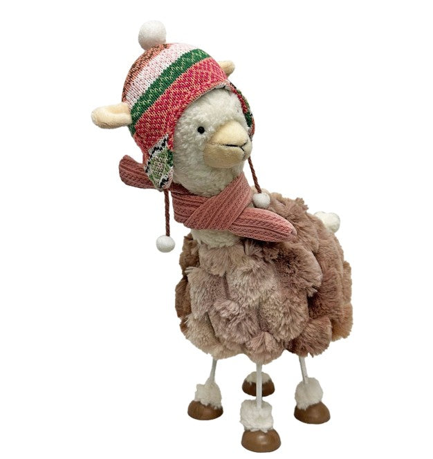 Deko Alpaca stehend wippend in Weiss mit Mütze rosa