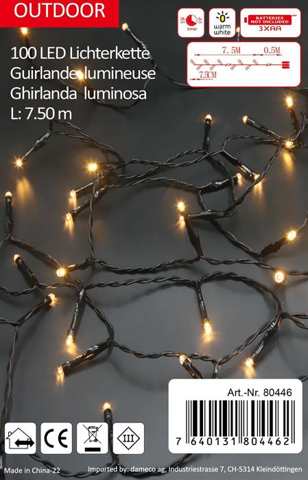 Guirlande lumineuse d'extérieur LED 100 LED
 lumière blanche et chaude
 Longueur 7,5 m