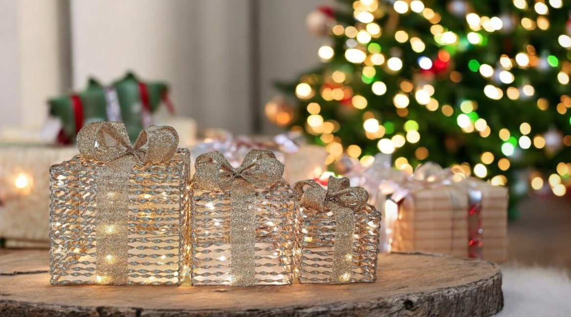 LED Geschenkboxen 3er Set gold mit Glitter mit warm weissen 20LED Indoor
