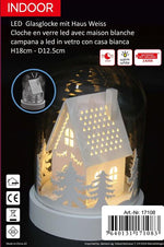 LED Glasglocke mit 3LED 
auf weissem Holz Sockel
Haus im Wald 
warm weisses Licht