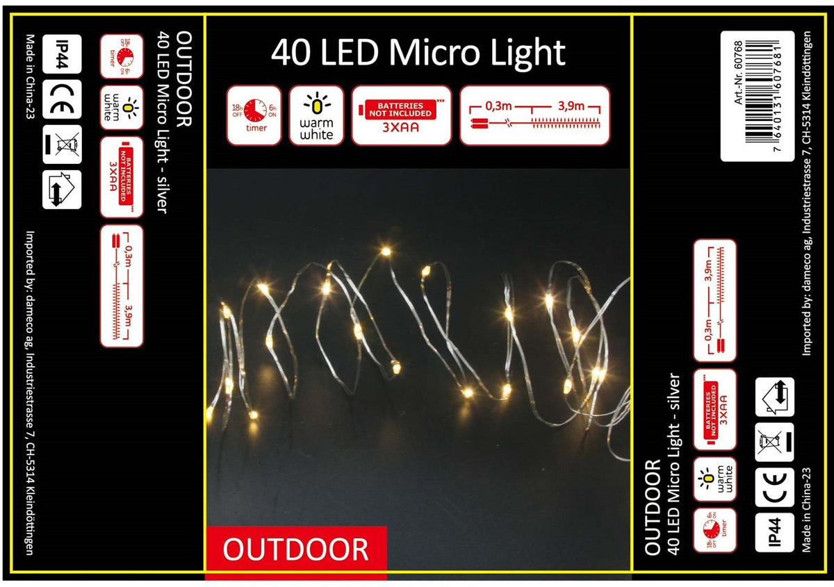 LED Outdoor Micro Draht Lichterkette 40 LED, L: 390cm silber Draht